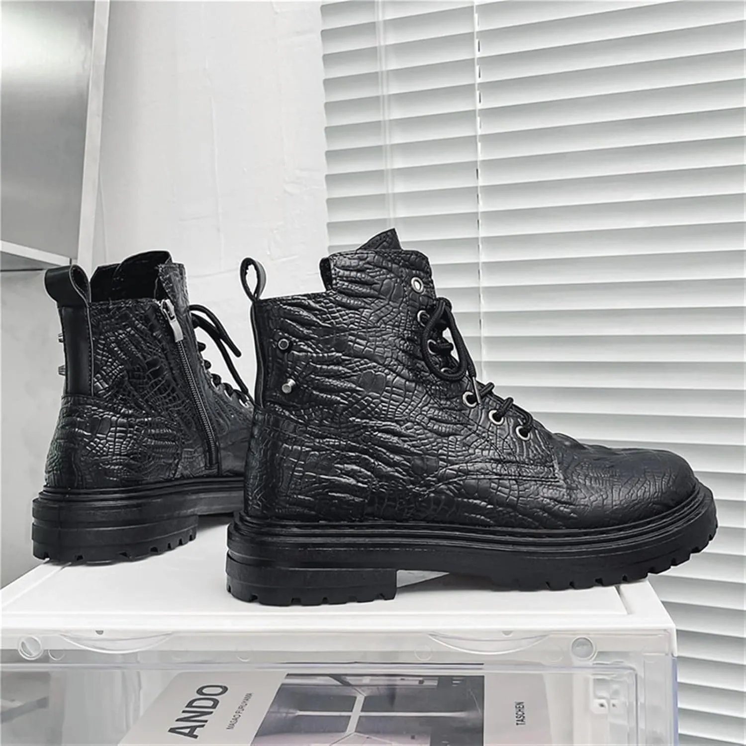New Ankle Boots For Men Anti-slip Non Slip Resistant Derby Crocodile Print With Rivet PU Casual Dress Classic