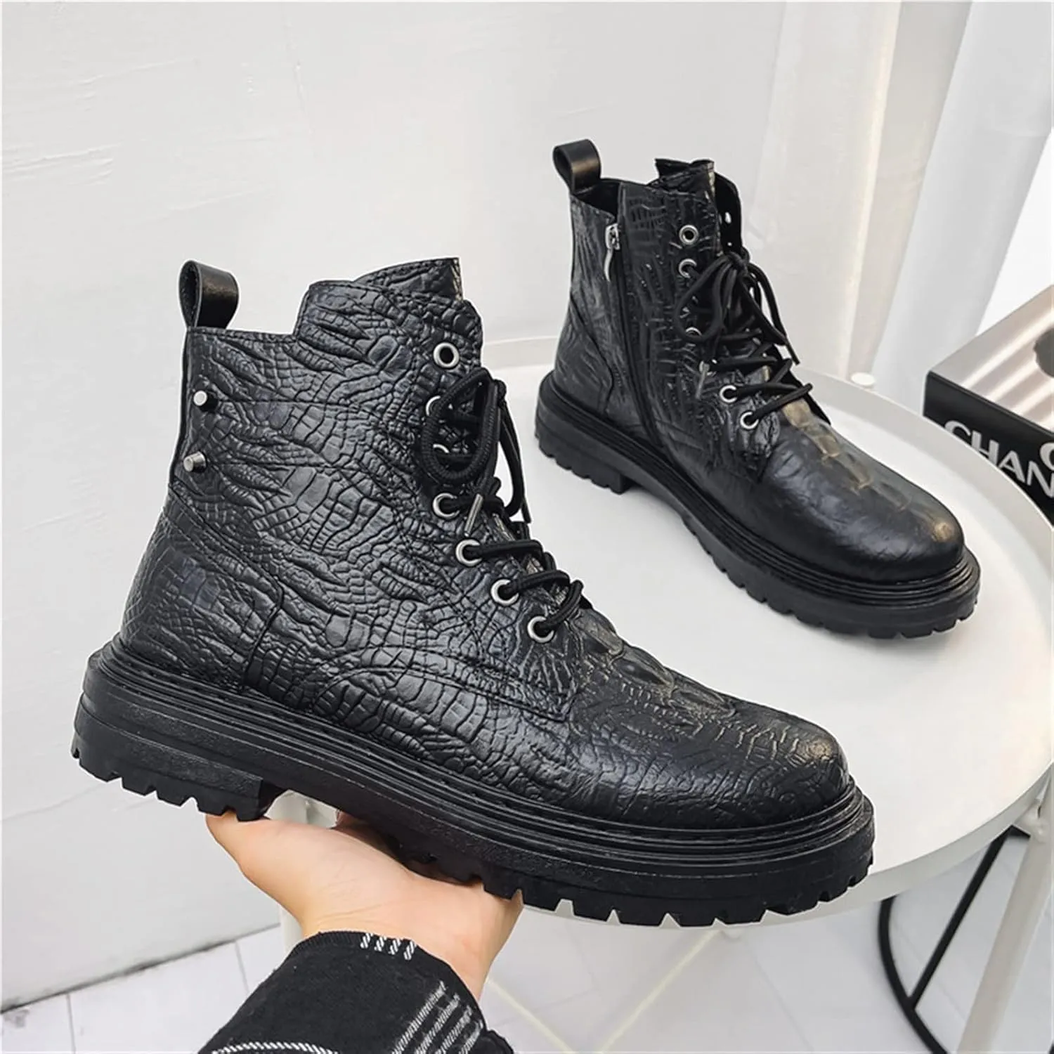 New Ankle Boots For Men Anti-slip Non Slip Resistant Derby Crocodile Print With Rivet PU Casual Dress Classic