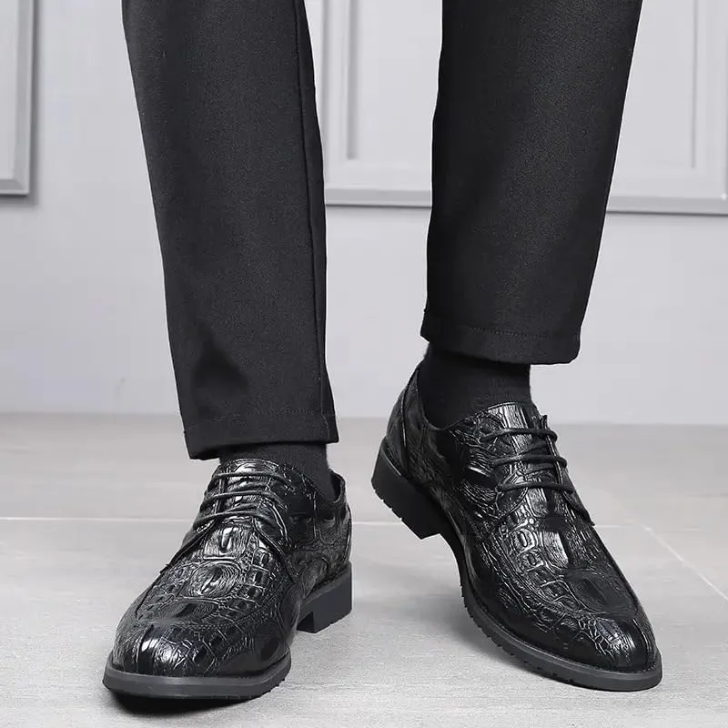 New Dress Shoes for Men Lace Up Crocodile Print Apron Toe Vegan Leather Derby Shoes Resistant Non Slip Rubber Sole Wedding