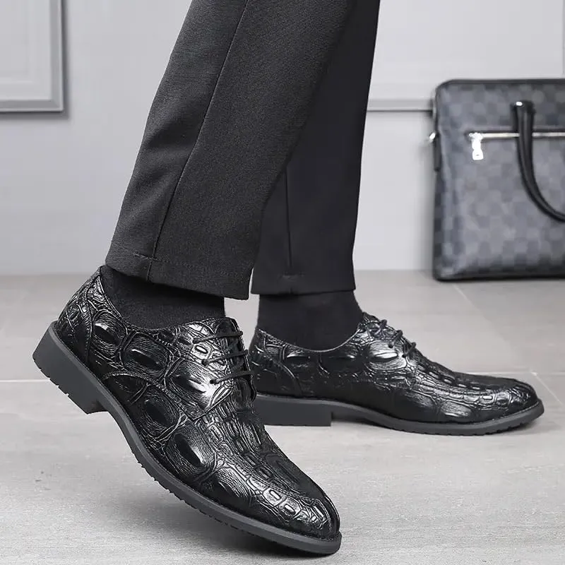 New Dress Shoes for Men Lace Up Crocodile Print Apron Toe Vegan Leather Derby Shoes Resistant Non Slip Rubber Sole Wedding
