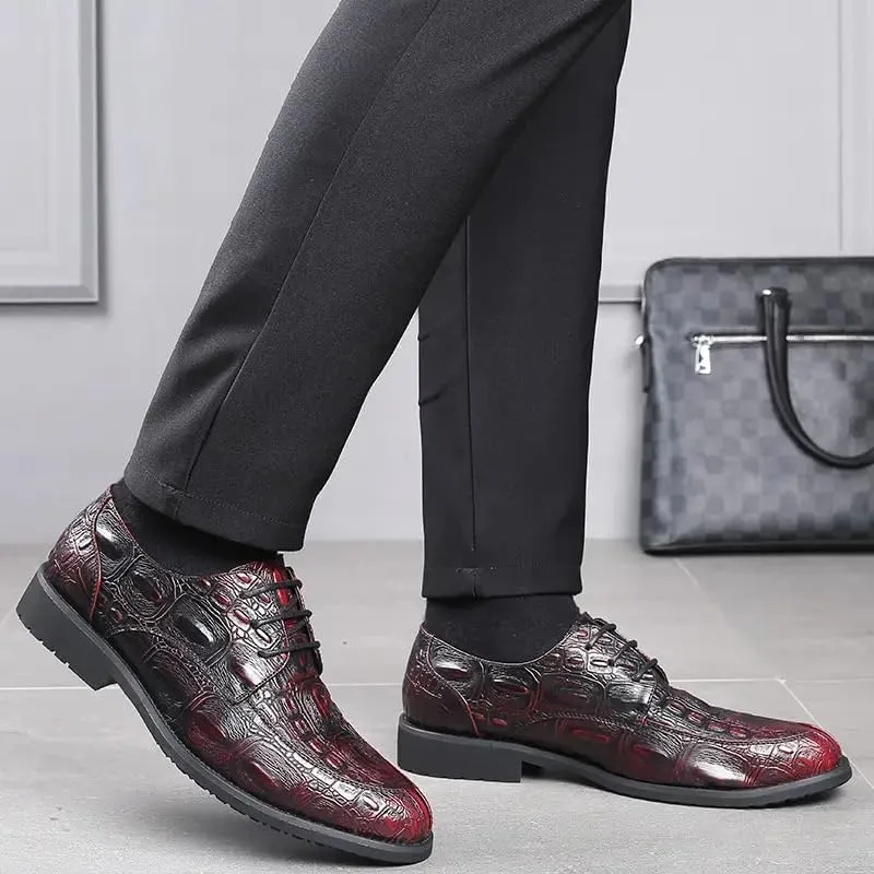 New Dress Shoes for Men Lace Up Crocodile Print Apron Toe Vegan Leather Derby Shoes Resistant Non Slip Rubber Sole Wedding