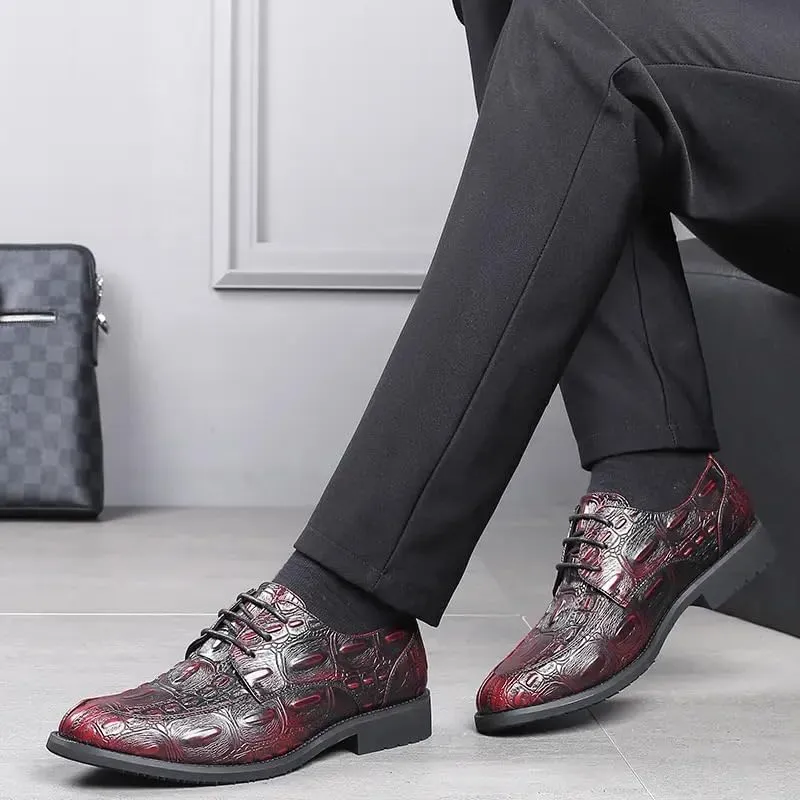 New Dress Shoes for Men Lace Up Crocodile Print Apron Toe Vegan Leather Derby Shoes Resistant Non Slip Rubber Sole Wedding