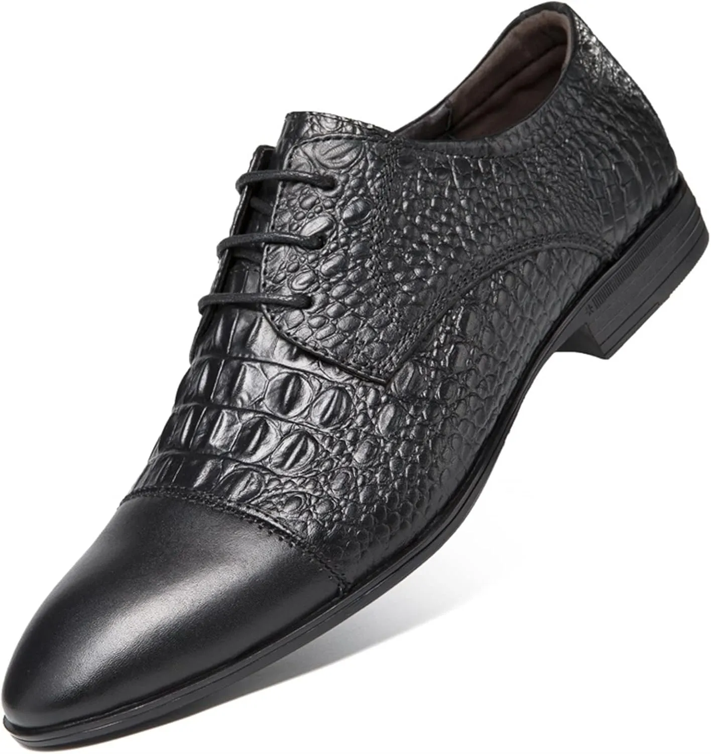 New Formal Shoes for Men Lace Up Crocodile Print Derby Shoes Round Cap Toe Leather Non Slip Rubber Sole Slip Resistant Low Top Block Heel Wedding