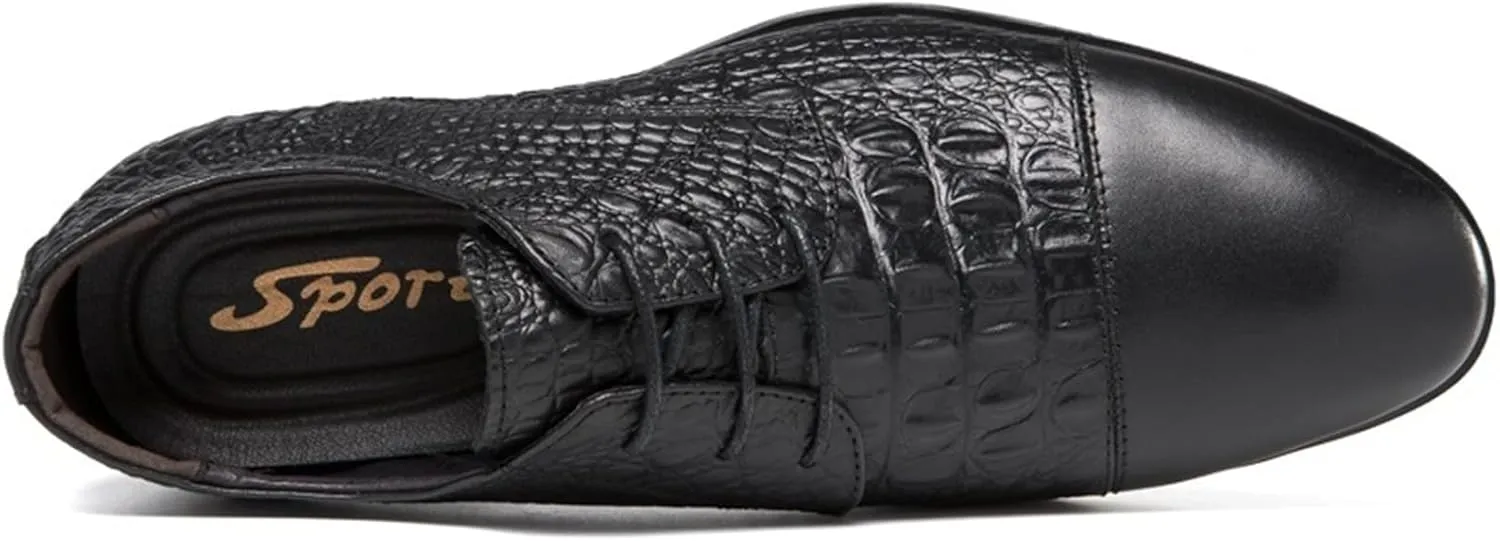 New Formal Shoes for Men Lace Up Crocodile Print Derby Shoes Round Cap Toe Leather Non Slip Rubber Sole Slip Resistant Low Top Block Heel Wedding