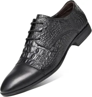 New Formal Shoes for Men Lace Up Crocodile Print Derby Shoes Round Cap Toe Leather Non Slip Rubber Sole Slip Resistant Low Top Block Heel Wedding