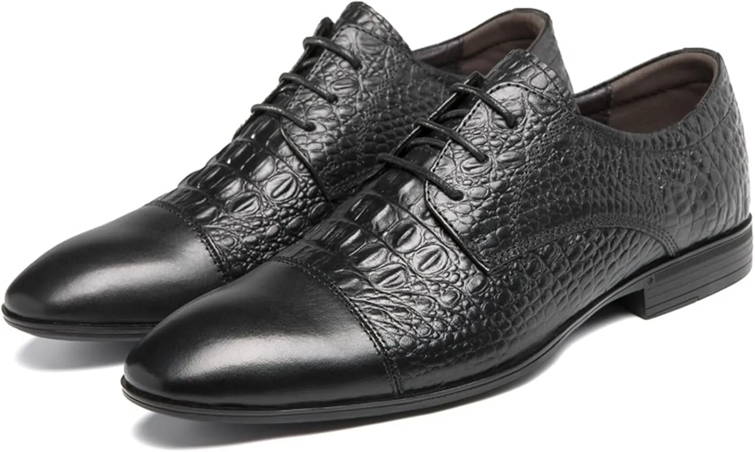 New Formal Shoes for Men Lace Up Crocodile Print Derby Shoes Round Cap Toe Leather Non Slip Rubber Sole Slip Resistant Low Top Block Heel Wedding
