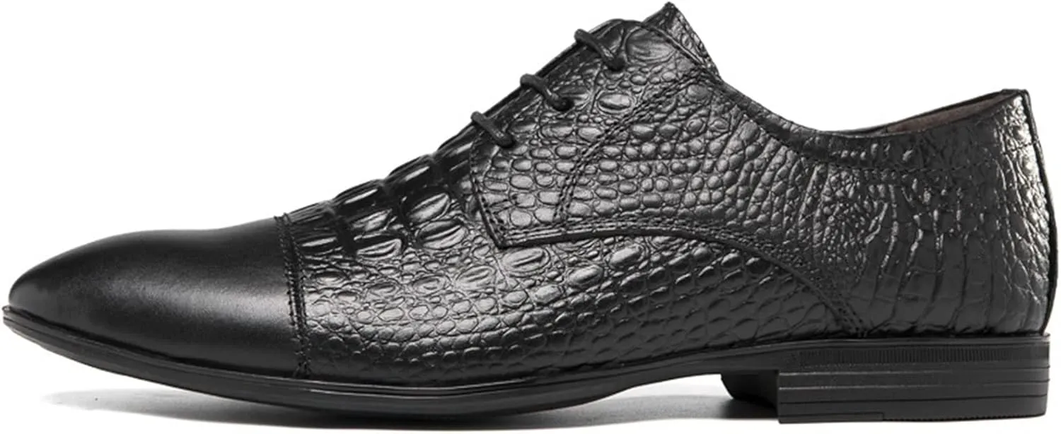 New Formal Shoes for Men Lace Up Crocodile Print Derby Shoes Round Cap Toe Leather Non Slip Rubber Sole Slip Resistant Low Top Block Heel Wedding