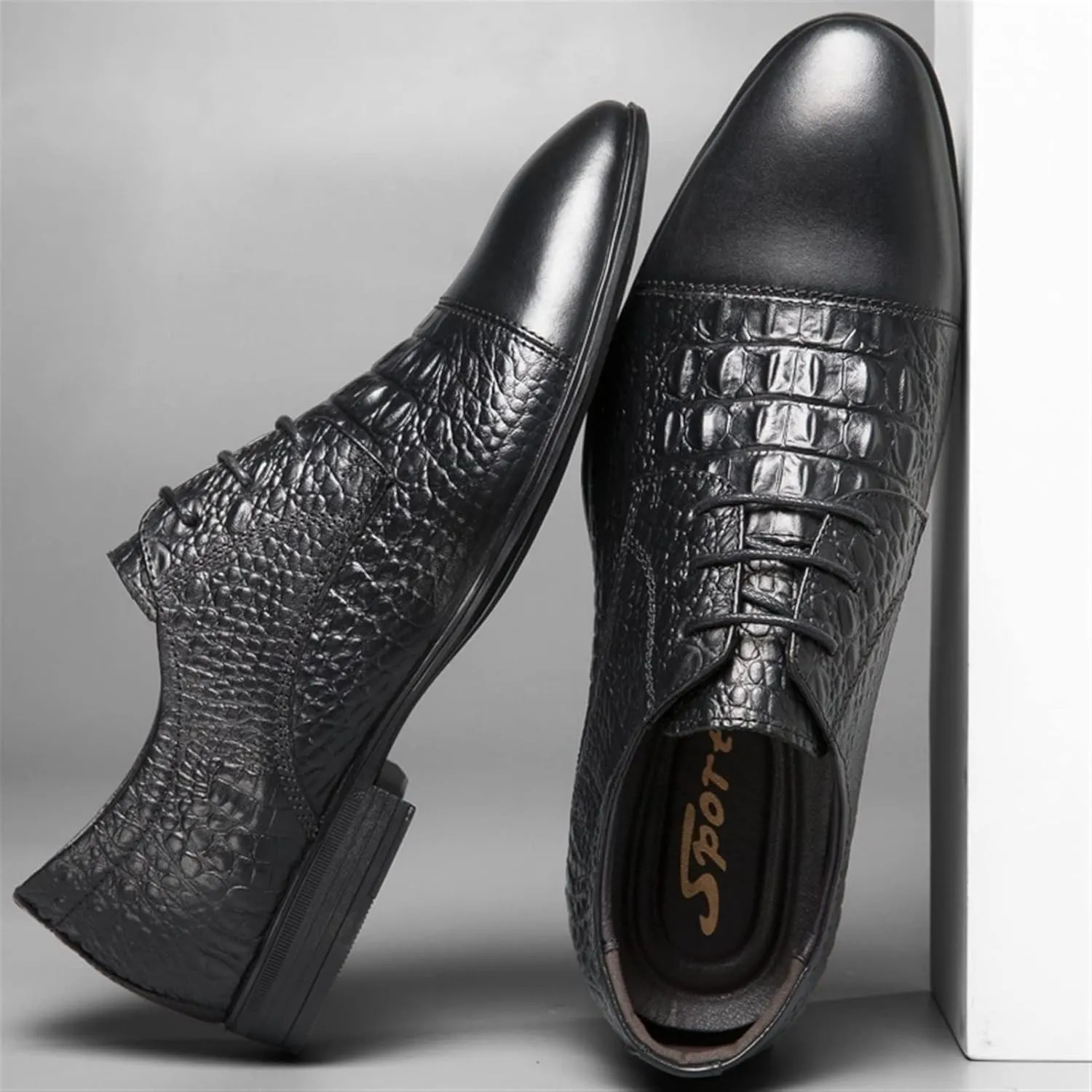 New Formal Shoes for Men Lace Up Crocodile Print Derby Shoes Round Cap Toe Leather Non Slip Rubber Sole Slip Resistant Low Top Block Heel Wedding