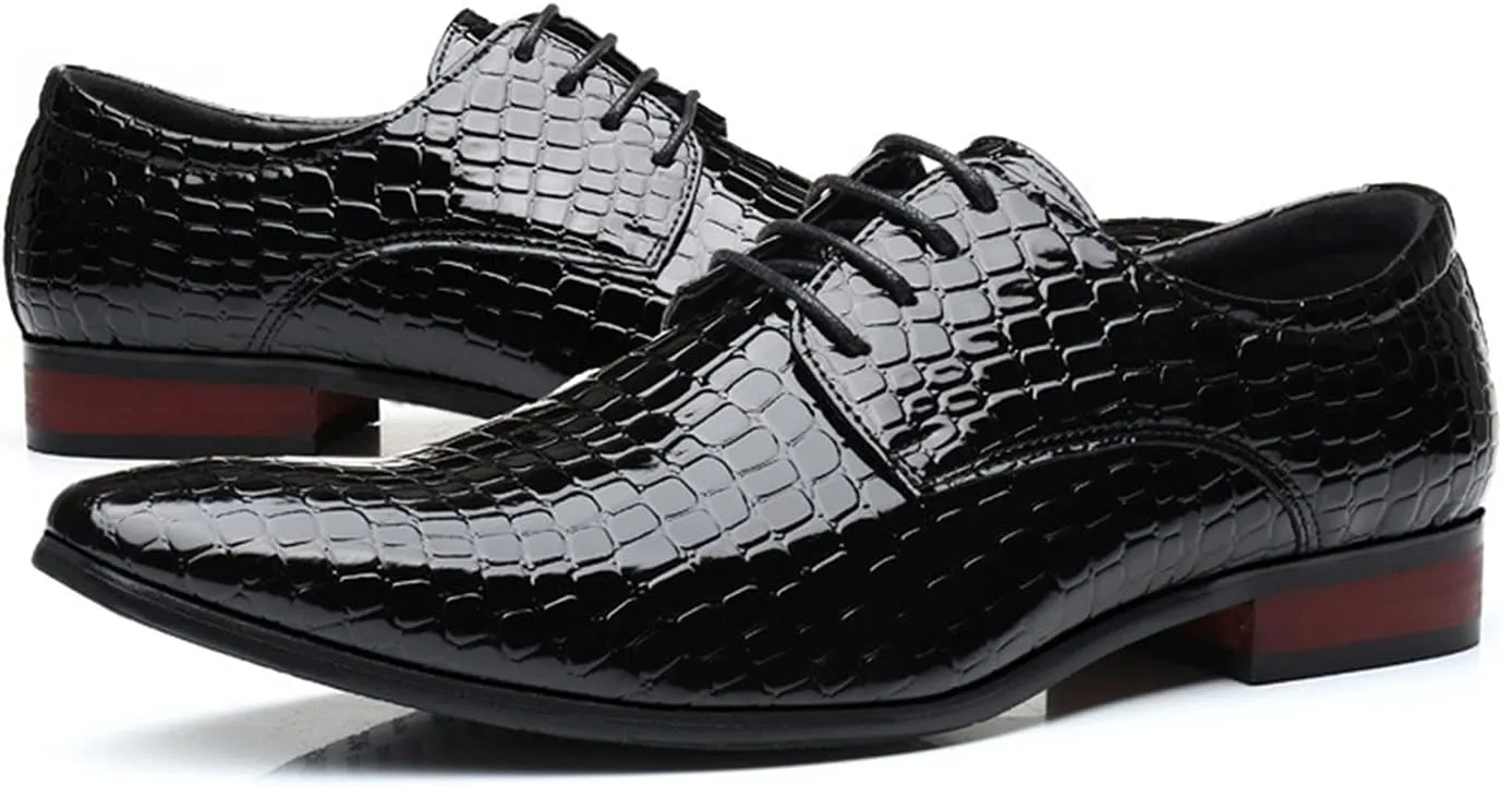 New Oxford Shoes for Men Lace Up Derby Shoes Crocodile Alligator Embossed PU Leather Rubber Sole Non Slip Low Top Anti-Slip Block Heel Party