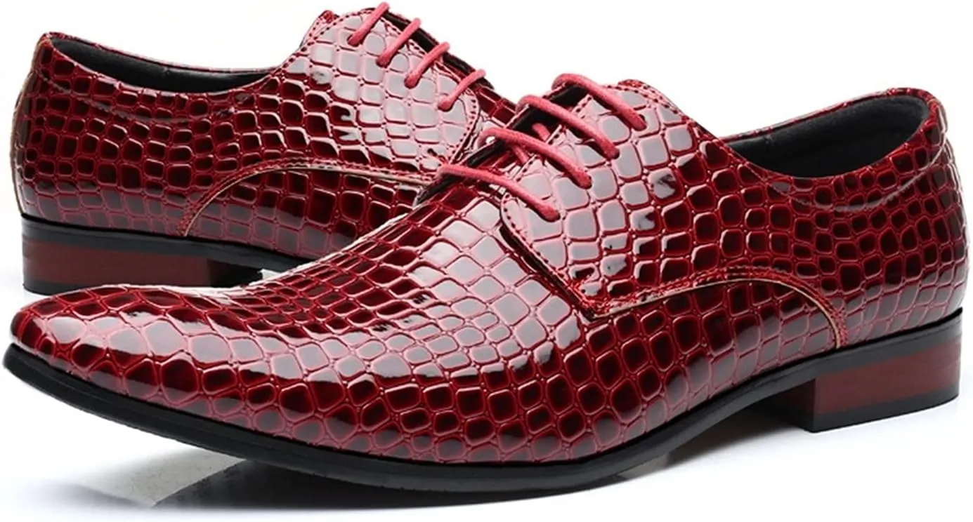New Oxford Shoes for Men Lace Up Derby Shoes Crocodile Alligator Embossed PU Leather Rubber Sole Non Slip Low Top Anti-Slip Block Heel Party