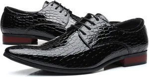 New Oxford Shoes for Men Lace Up Derby Shoes Crocodile Alligator Embossed PU Leather Rubber Sole Non Slip Low Top Anti-Slip Block Heel Party