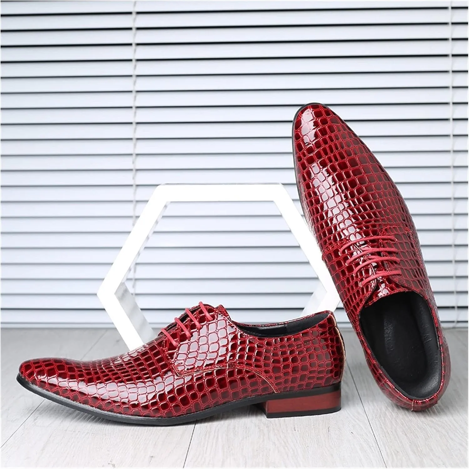 New Oxford Shoes for Men Lace Up Derby Shoes Crocodile Alligator Embossed PU Leather Rubber Sole Non Slip Low Top Anti-Slip Block Heel Party