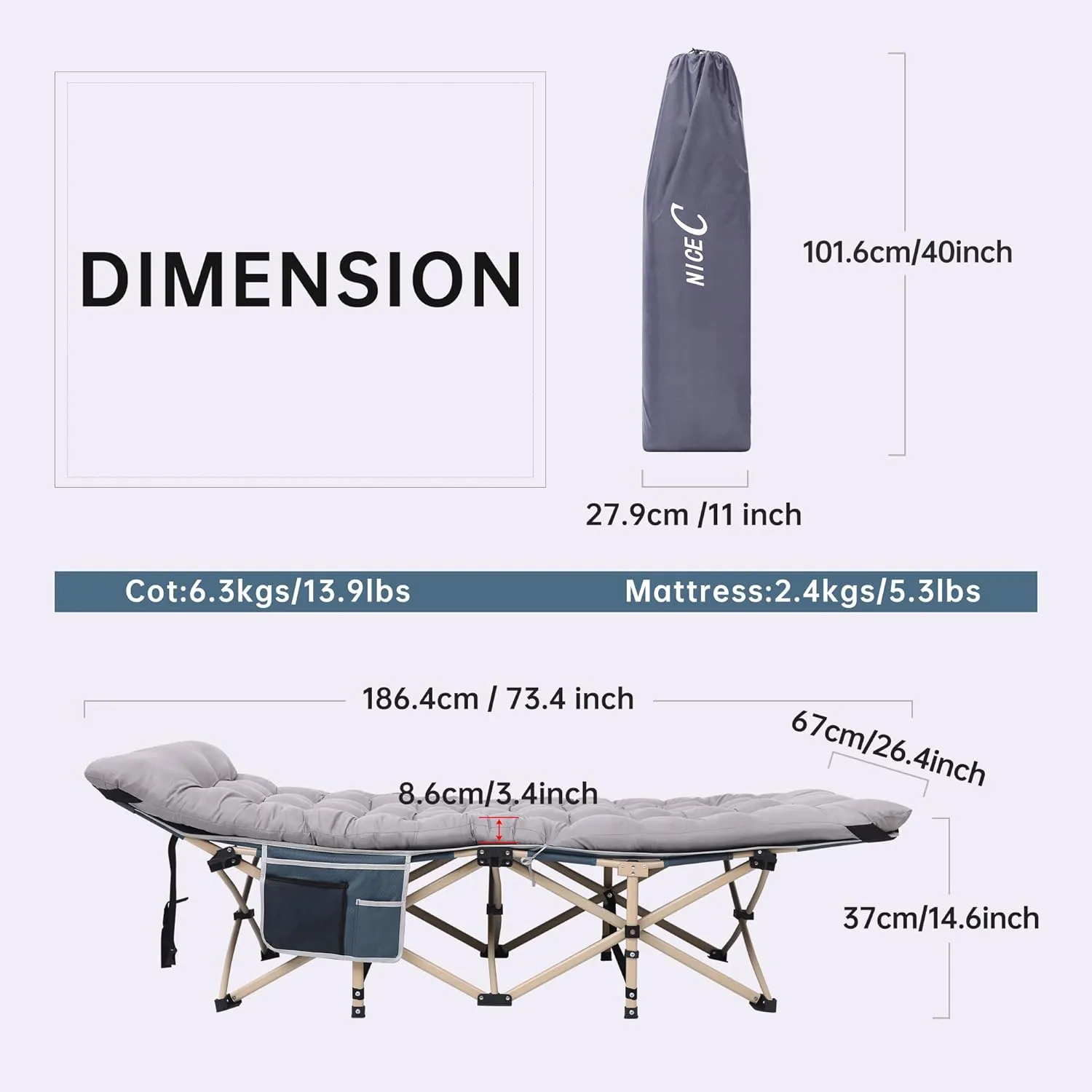 Nice C Camping Cots, Camping Cots with Mattress, for Adults, Folding Cot, with Pillow, Carry Bag & Storage Pocket, Extra Wide Sturdy, Holds Up to 500 Lbs (1, Mattress Grey)