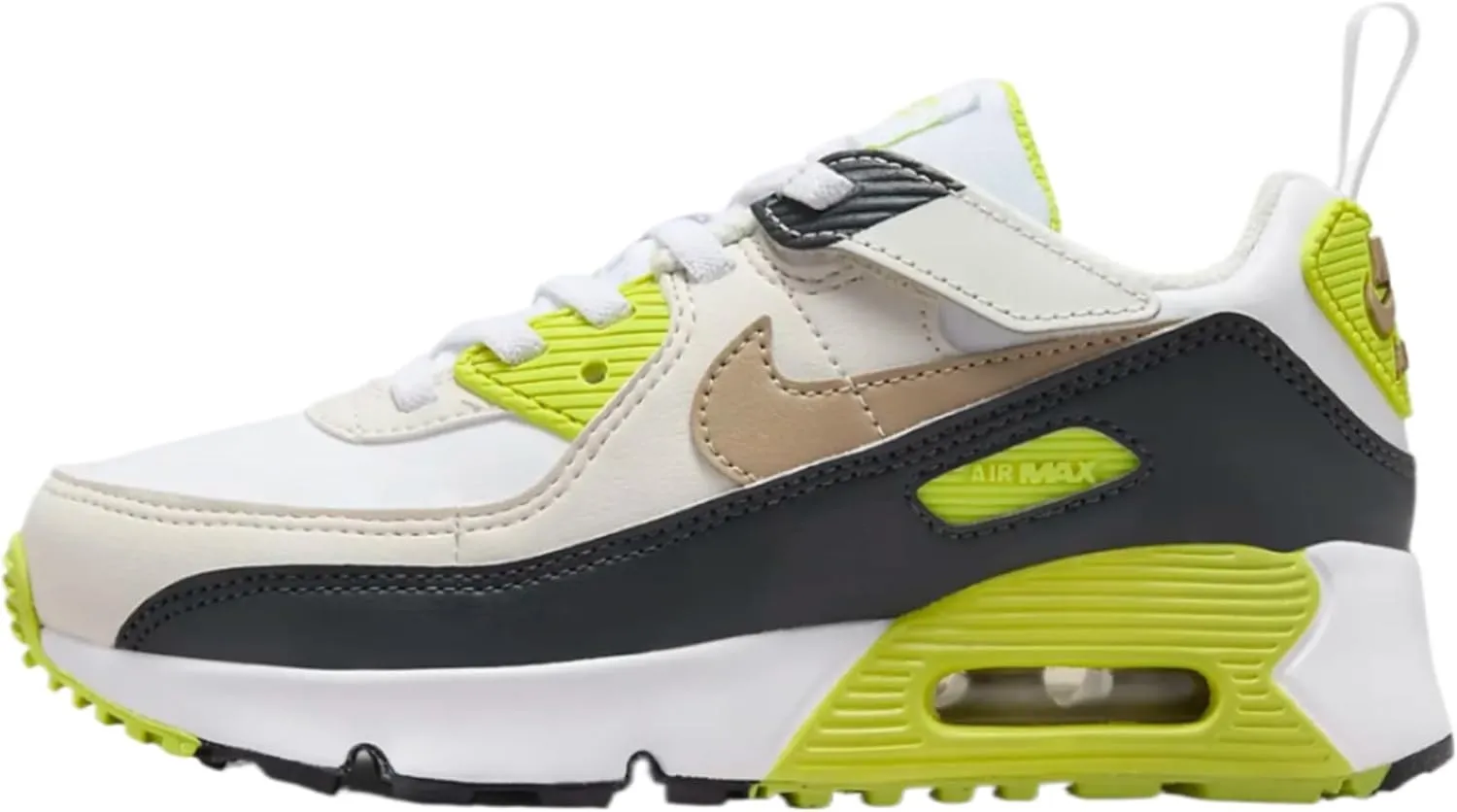 Nike Air Max 90 EasyOn Little Kids' Shoes (HF6357-103, White/Cyber/Dark Smoke Grey/Khaki) Size 13