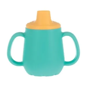 Nuby First Training Cup - Silicone Cup with Free-Flow Spout and Easy-Grip Design - 2 oz - 6  Months - Yellow and Aqua