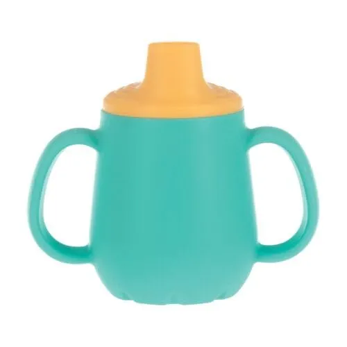 Nuby First Training Cup - Silicone Cup with Free-Flow Spout and Easy-Grip Design - 2 oz - 6  Months - Yellow and Aqua