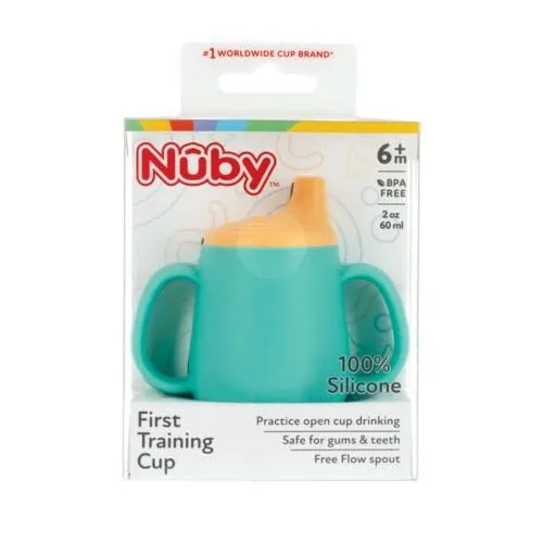 Nuby First Training Cup - Silicone Cup with Free-Flow Spout and Easy-Grip Design - 2 oz - 6  Months - Yellow and Aqua