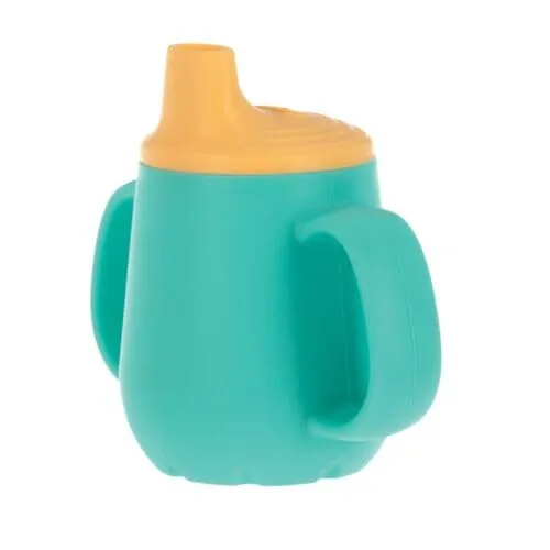 Nuby First Training Cup - Silicone Cup with Free-Flow Spout and Easy-Grip Design - 2 oz - 6  Months - Yellow and Aqua