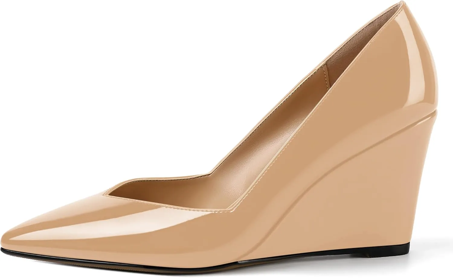 NUMALEO Womens Patent Slip On Casual Solid Pointed Toe Office Wedge High Heel Pumps Shoes 3.3 Inch