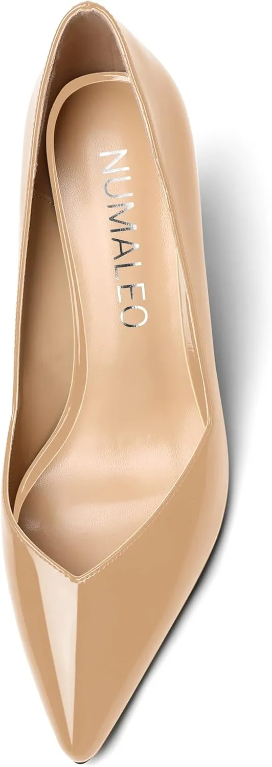 NUMALEO Womens Patent Slip On Casual Solid Pointed Toe Office Wedge High Heel Pumps Shoes 3.3 Inch