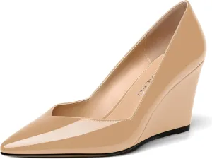 NUMALEO Womens Patent Slip On Casual Solid Pointed Toe Office Wedge High Heel Pumps Shoes 3.3 Inch