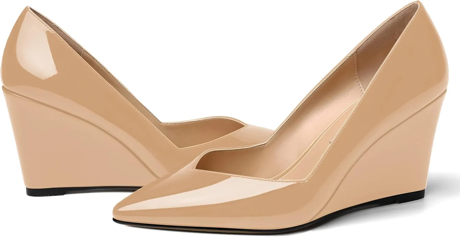NUMALEO Womens Patent Slip On Casual Solid Pointed Toe Office Wedge High Heel Pumps Shoes 3.3 Inch
