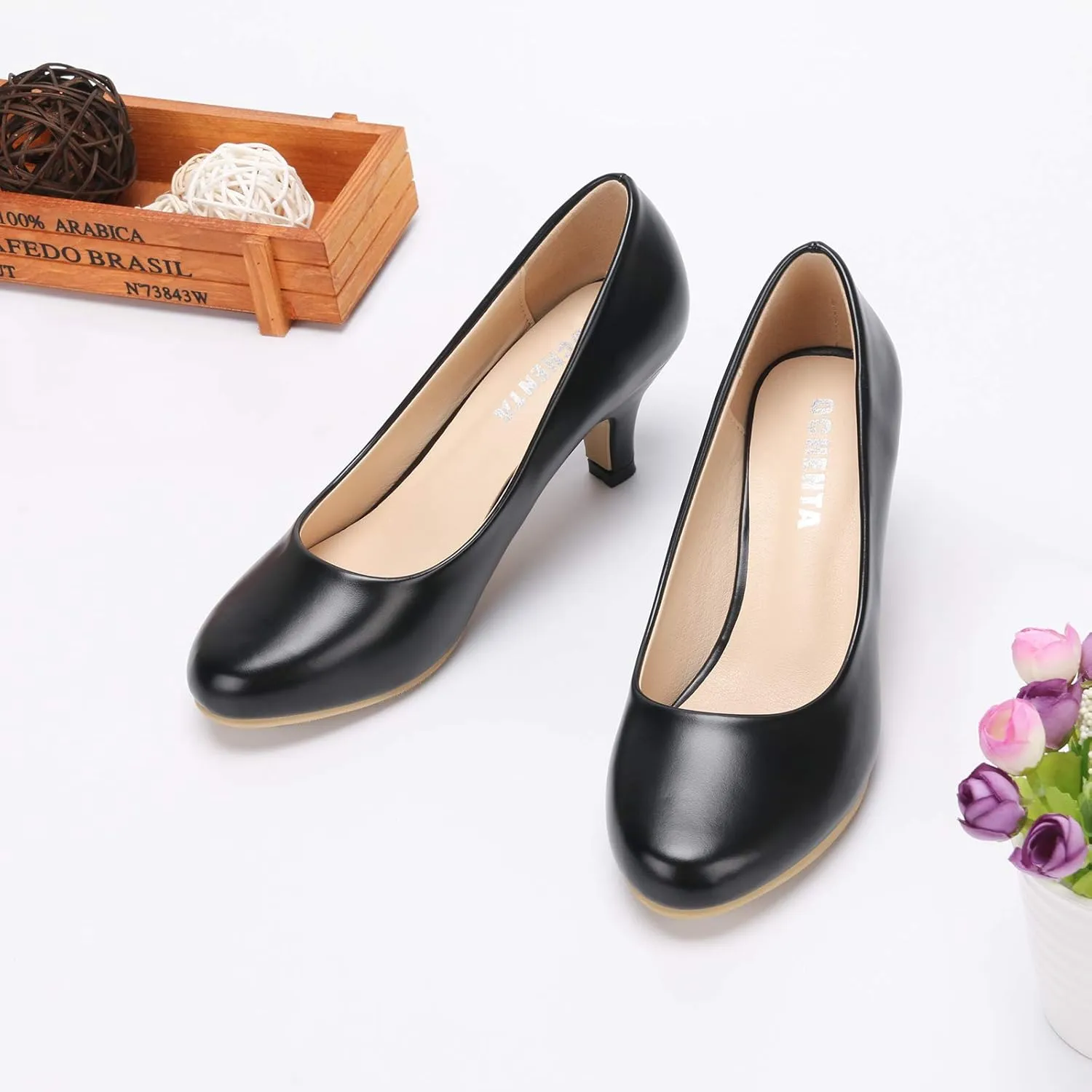 OCHENTA Women's Comfortable Low Kitten Heel Dress Shoes Round Toe Slip On Work Pumps