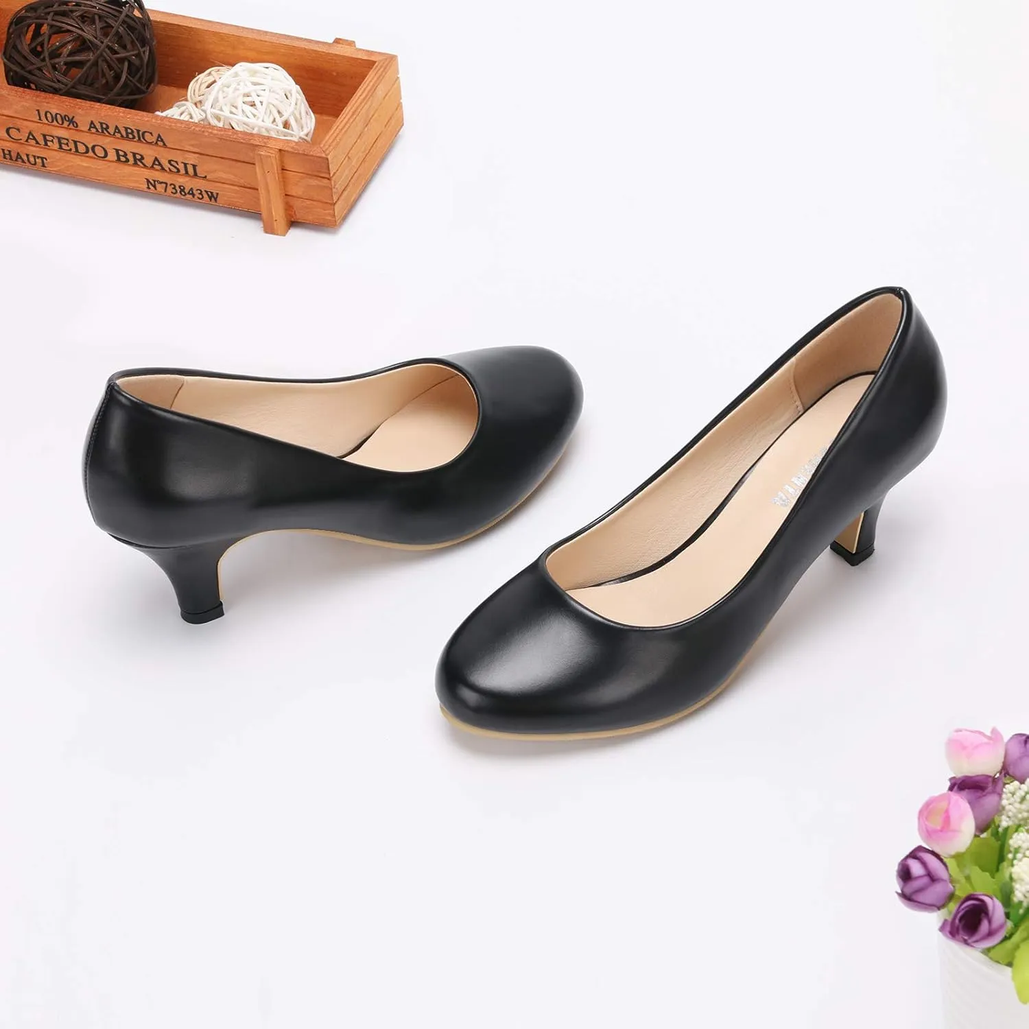 OCHENTA Women's Comfortable Low Kitten Heel Dress Shoes Round Toe Slip On Work Pumps