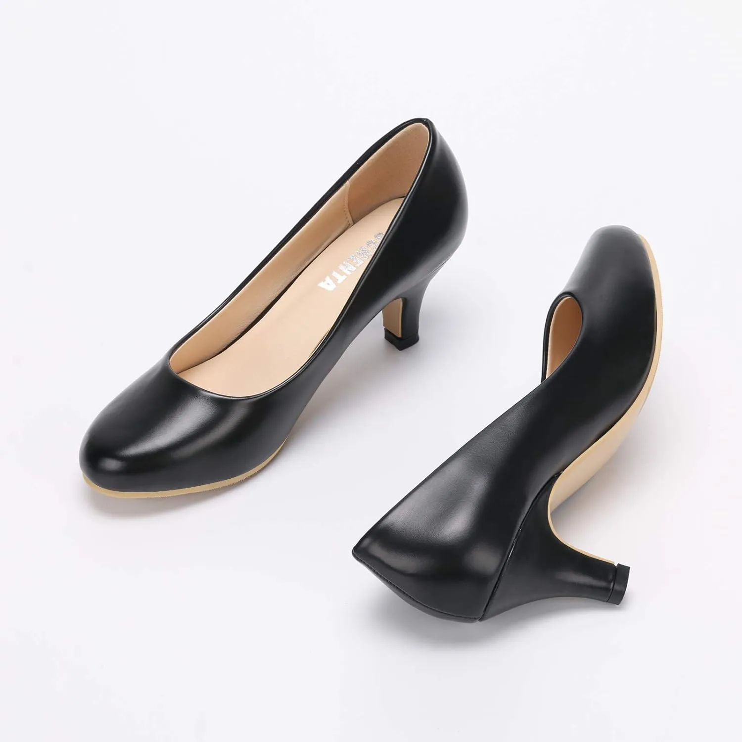 OCHENTA Women's Comfortable Low Kitten Heel Dress Shoes Round Toe Slip On Work Pumps