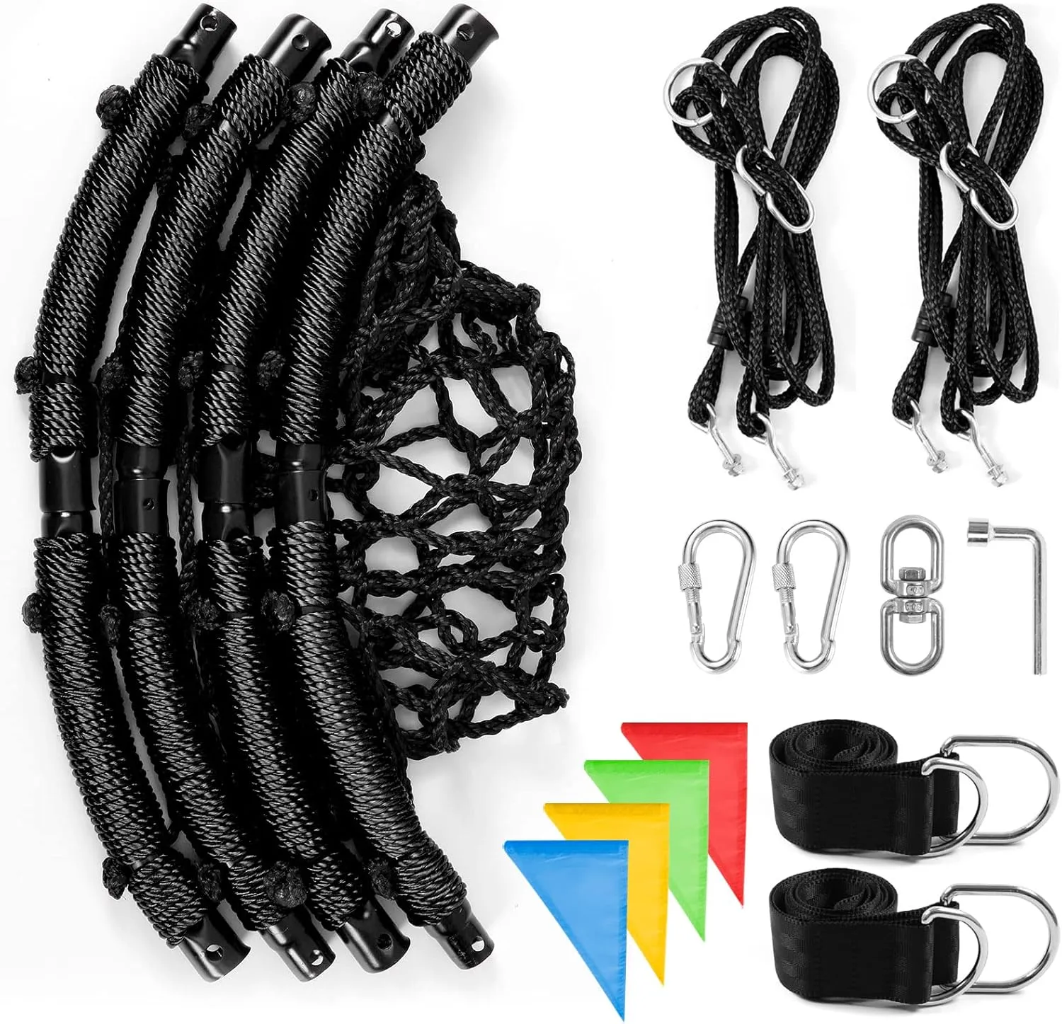 Odoland Spider Web Tree Swing, Outdoor Saucer Net Swing, 900D Oxford Platform Swing for Kids Adult, Backyard Round Flying Swing with Hanging Ropes Straps and Turnbuckle 43in Black