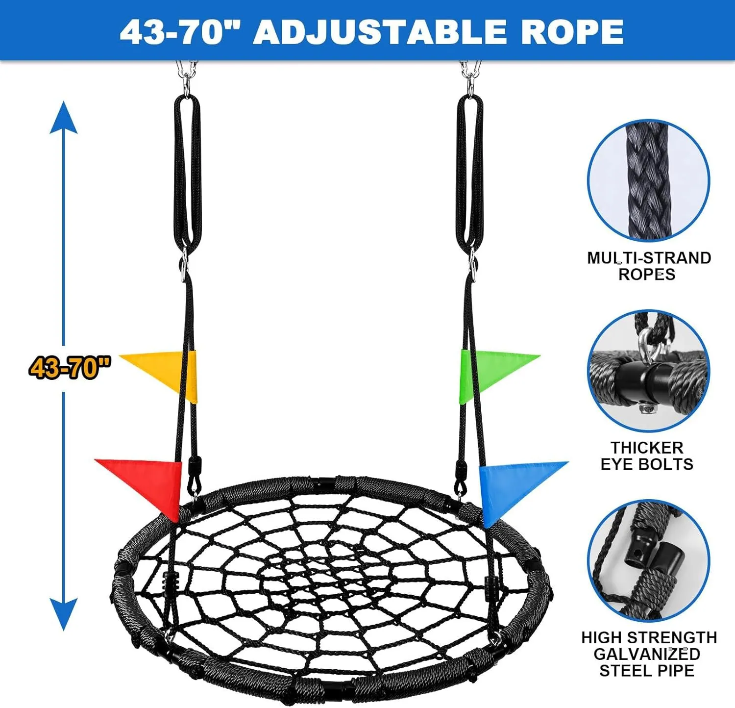 Odoland Spider Web Tree Swing, Outdoor Saucer Net Swing, 900D Oxford Platform Swing for Kids Adult, Backyard Round Flying Swing with Hanging Ropes Straps and Turnbuckle 43in Black