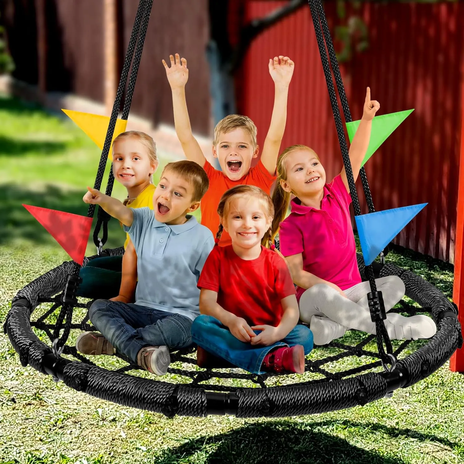 Odoland Spider Web Tree Swing, Outdoor Saucer Net Swing, 900D Oxford Platform Swing for Kids Adult, Backyard Round Flying Swing with Hanging Ropes Straps and Turnbuckle 43in Black