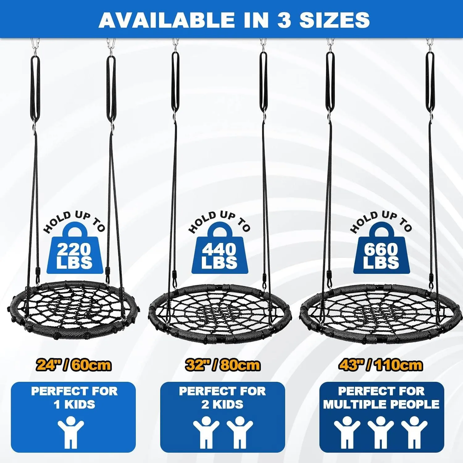 Odoland Spider Web Tree Swing, Outdoor Saucer Net Swing, 900D Oxford Platform Swing for Kids Adult, Backyard Round Flying Swing with Hanging Ropes Straps and Turnbuckle 43in Black
