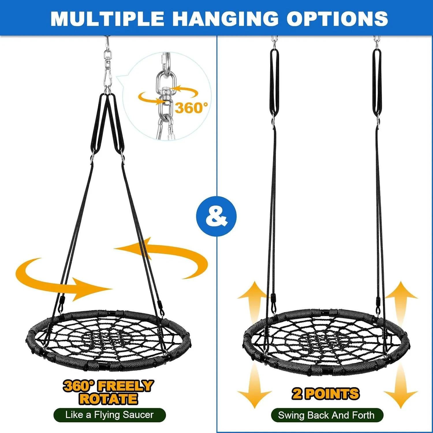 Odoland Spider Web Tree Swing, Outdoor Saucer Net Swing, 900D Oxford Platform Swing for Kids Adult, Backyard Round Flying Swing with Hanging Ropes Straps and Turnbuckle 43in Black