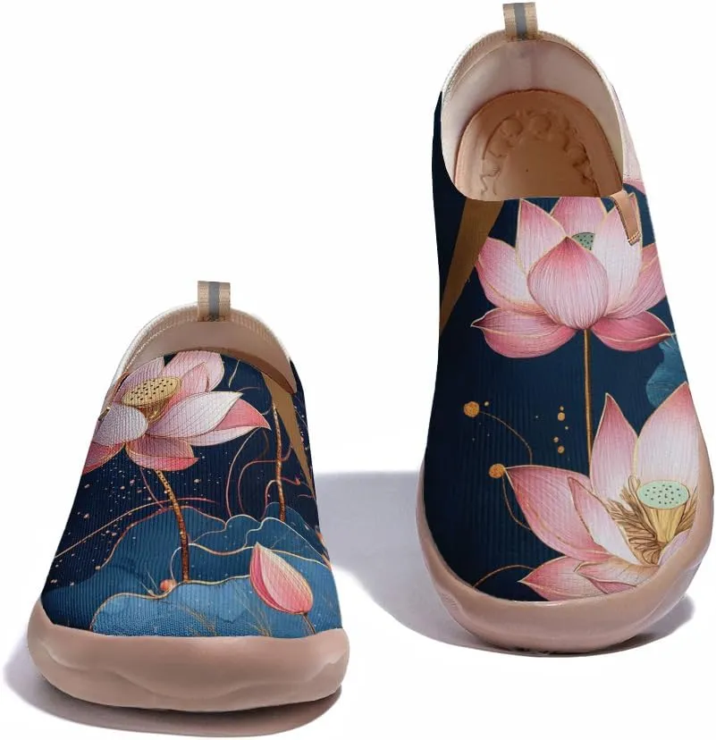 Onehorse Women's Lotus Painted Travel Shoes Slip-On Casual Lightweight Breathable Flats Comfortable Loafers