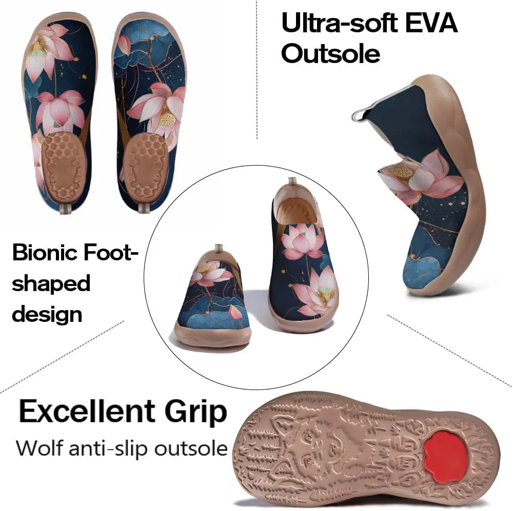 Onehorse Women's Lotus Painted Travel Shoes Slip-On Casual Lightweight Breathable Flats Comfortable Loafers