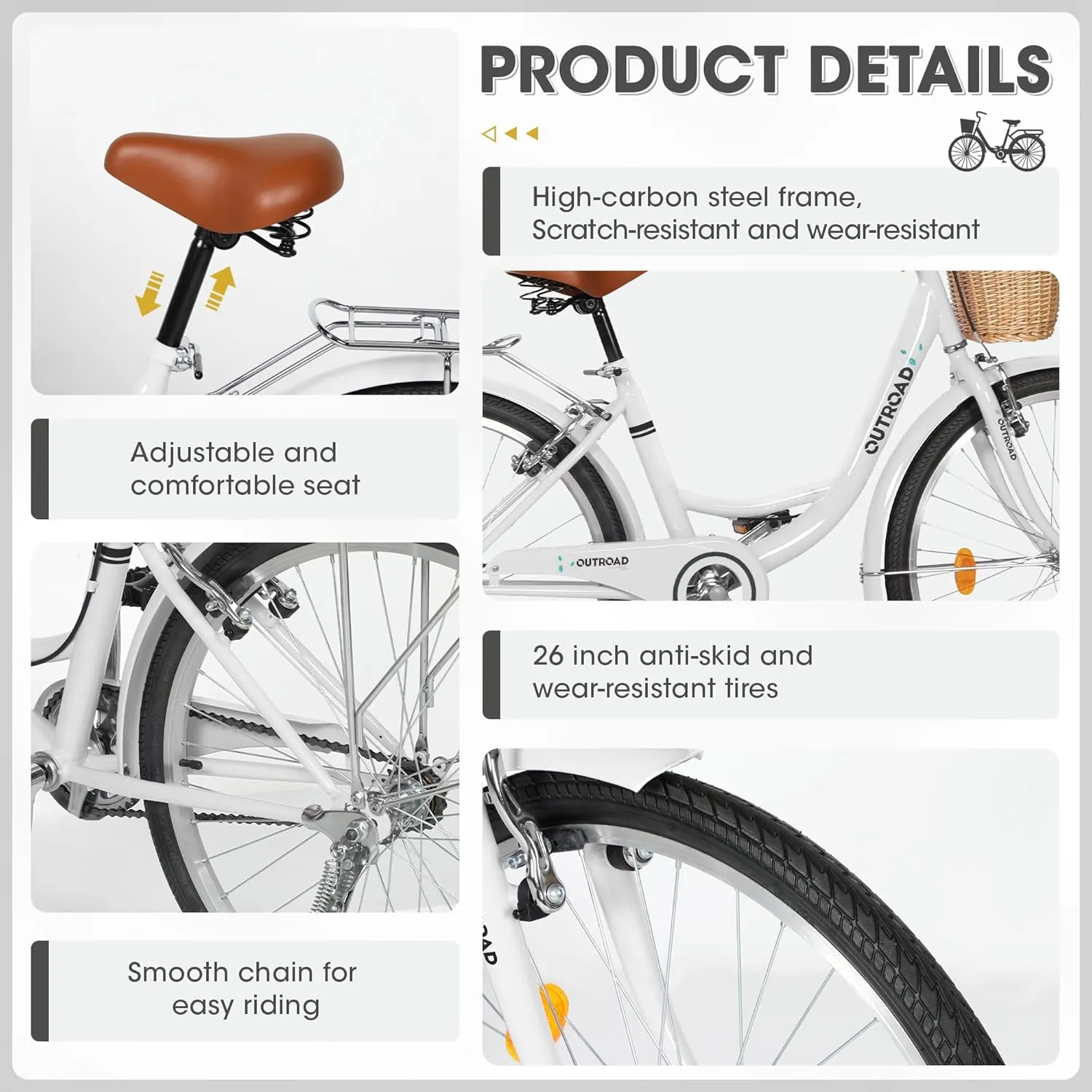 Outroad Beach Cruiser Bike, 24/26 inch Commuter Bicycle for Adult Men and Women,High-Carbon Steel Comfortable City Bikes with Rear Rack or Basket