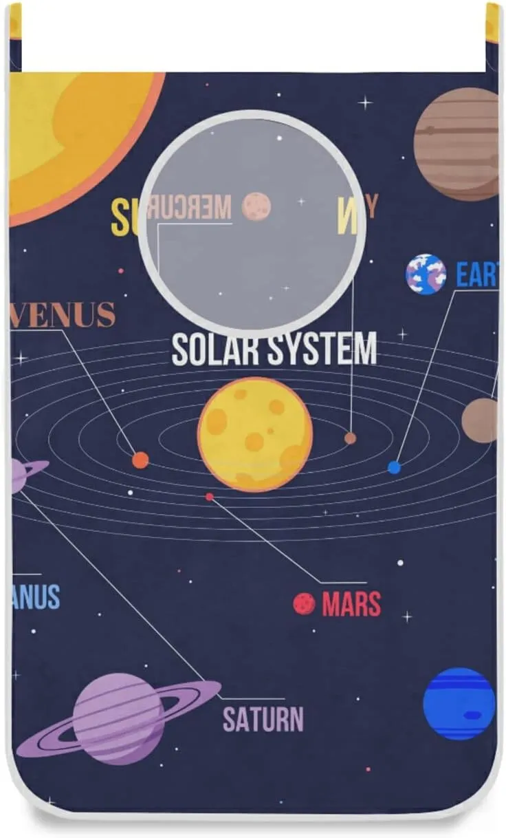 Oyihfvs Galaxy Space Seamless Colorful Planets Stars Comets on Black Hanging Laundry Hamper Bag, Dirty Clothes Basket Bag with Hooks Bag Space Saving, for Bathroom, Bedroom, Storage, Behind Doors