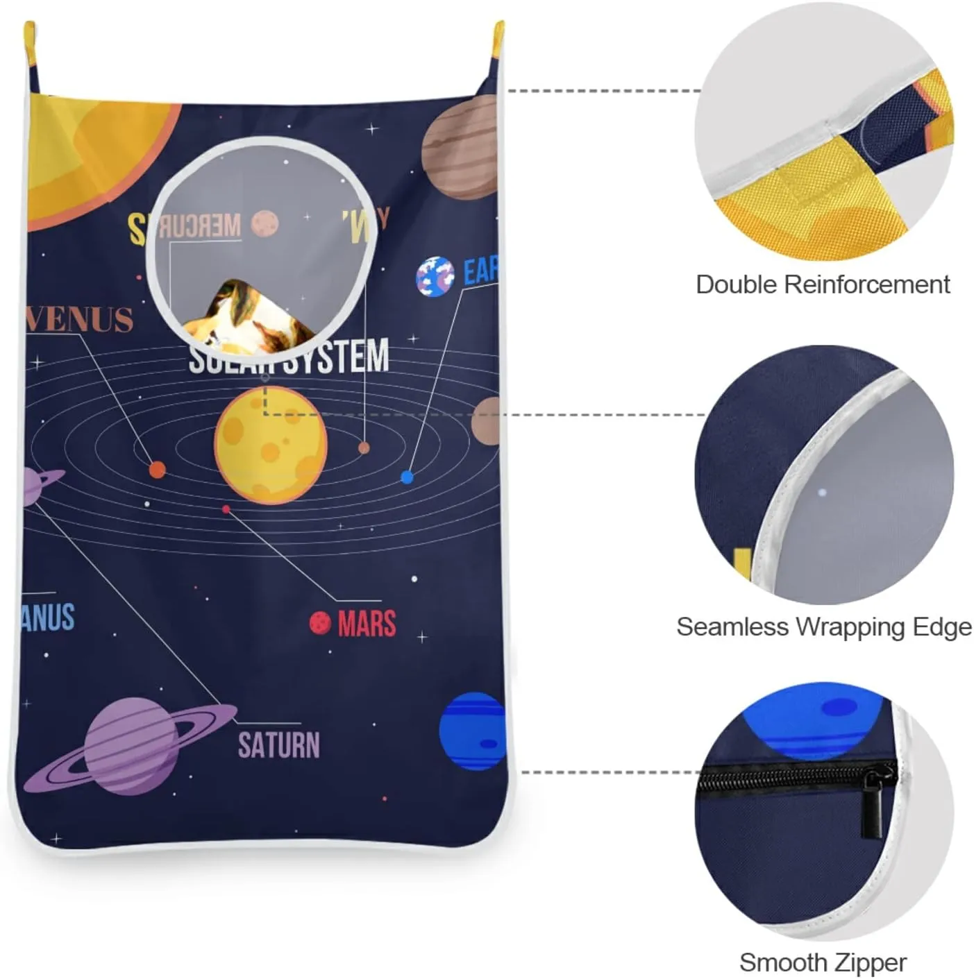 Oyihfvs Galaxy Space Seamless Colorful Planets Stars Comets on Black Hanging Laundry Hamper Bag, Dirty Clothes Basket Bag with Hooks Bag Space Saving, for Bathroom, Bedroom, Storage, Behind Doors