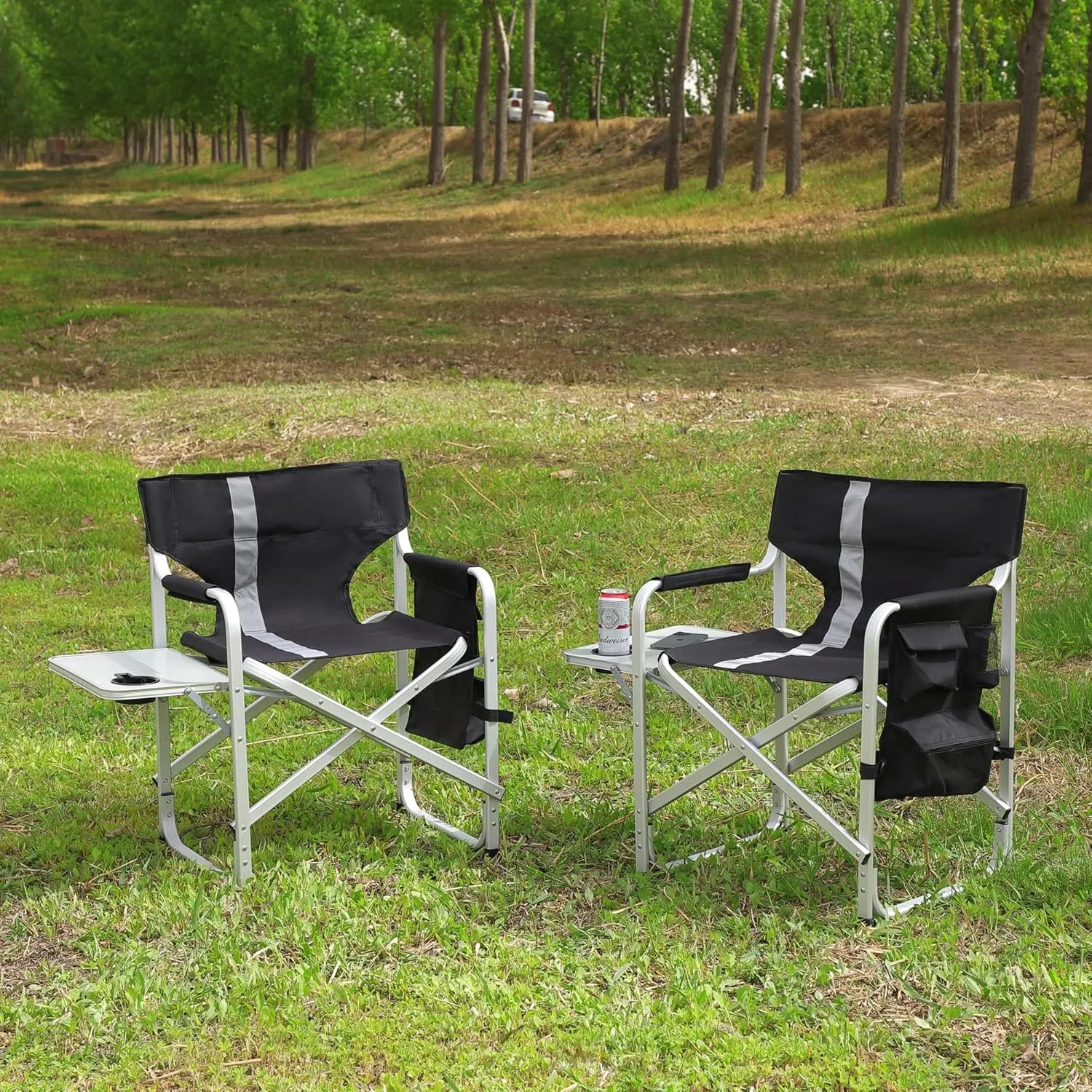 Padded Folding Outdoor Chair with Side Table and Storage Pockets,Lightweight Oversized Directors Chair for Indoor, Outdoor Camping, Picnics and Fishing (2, Black  Gray 2)