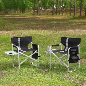 Padded Folding Outdoor Chair with Side Table and Storage Pockets,Lightweight Oversized Directors Chair for Indoor, Outdoor Camping, Picnics and Fishing (2, Black  Gray 2)
