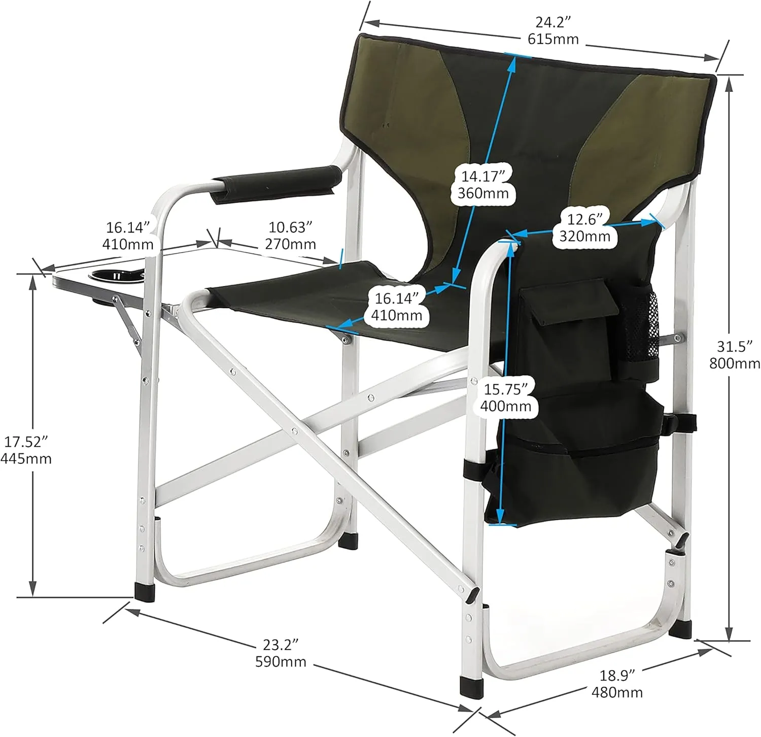 Padded Folding Outdoor Chair with Side Table and Storage Pockets,Lightweight Oversized Directors Chair for Indoor, Outdoor Camping, Picnics and Fishing (2, Green 2)