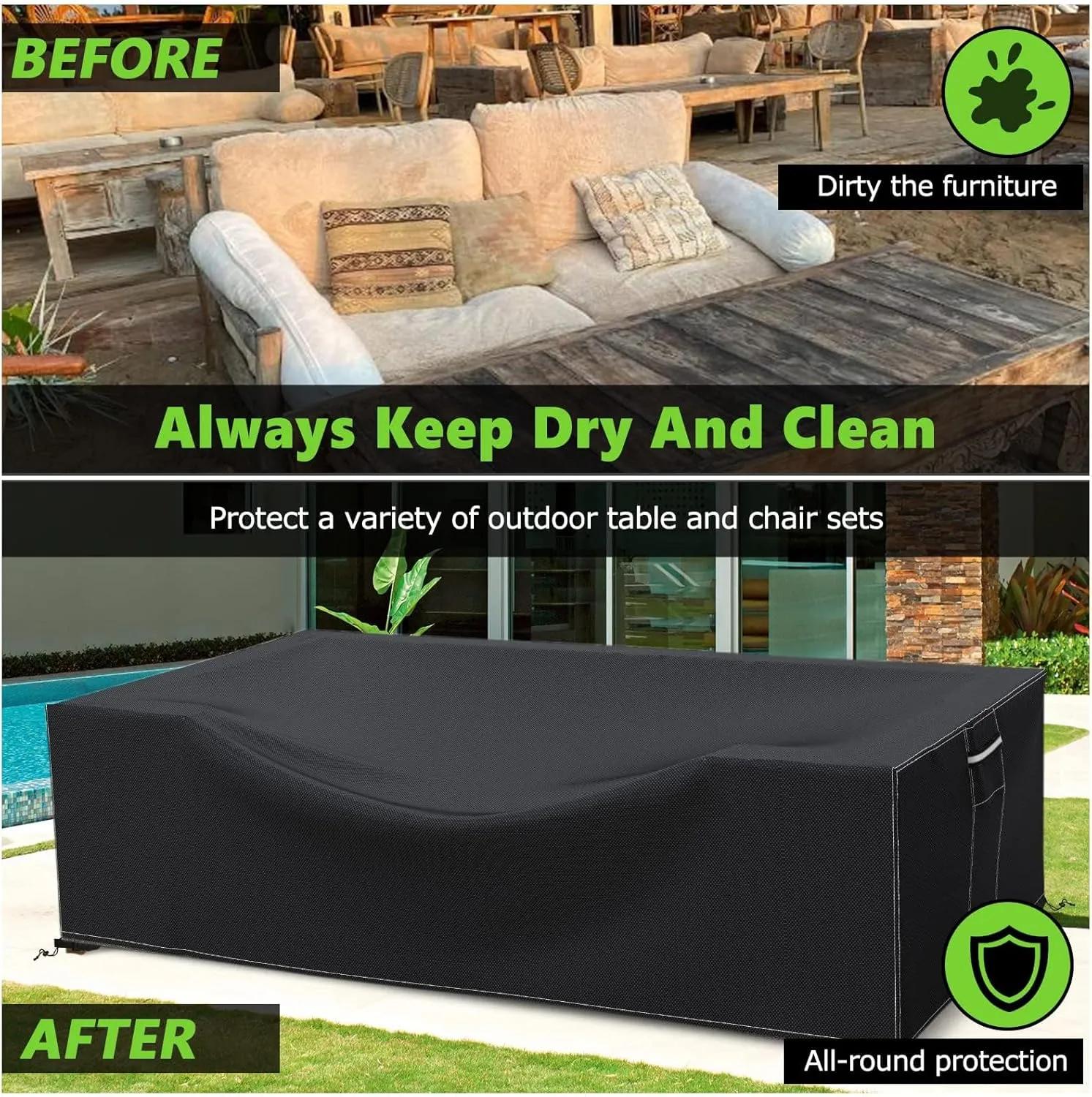 Patio Furniture Covers Waterproof, Heavy Duty 600D Outdoor Furniture Covers for Outdoor Dining Table and Chair,Tear Resistance and Anti-UV, Black,74"L x 47"W x 28"H