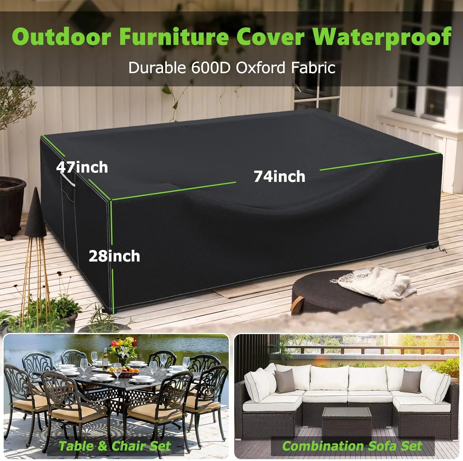 Patio Furniture Covers Waterproof, Heavy Duty 600D Outdoor Furniture Covers for Outdoor Dining Table and Chair,Tear Resistance and Anti-UV, Black,74"L x 47"W x 28"H