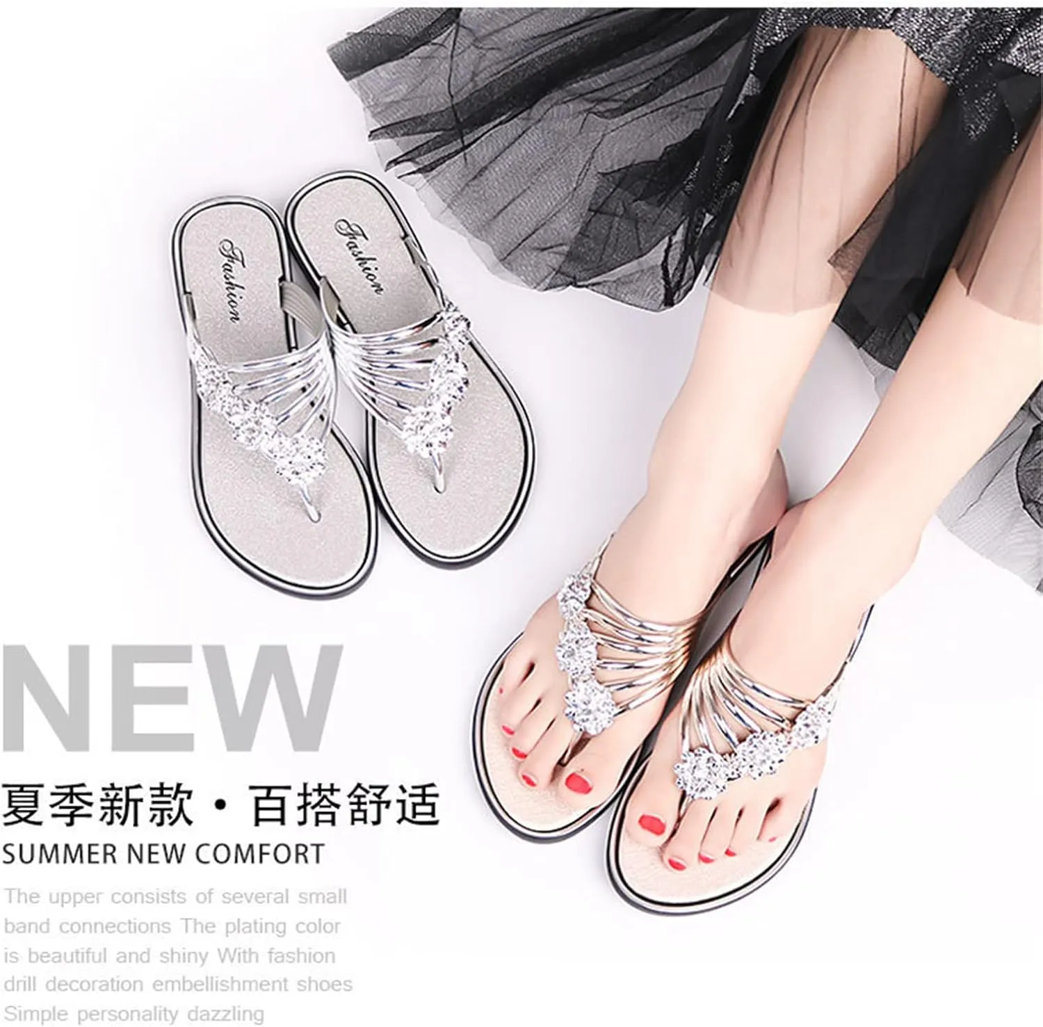 pearlzone Women's Flat Sandals Comfortable,Peep Toe Sparkly Rhinestone Flower Slipper Slip on Backless Anti-Slip Thong Flip Flop
