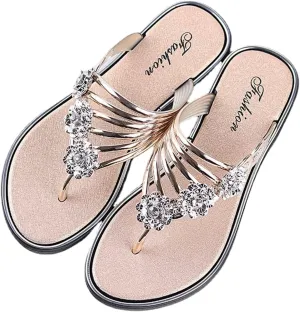 pearlzone Women's Flat Sandals Comfortable,Peep Toe Sparkly Rhinestone Flower Slipper Slip on Backless Anti-Slip Thong Flip Flop