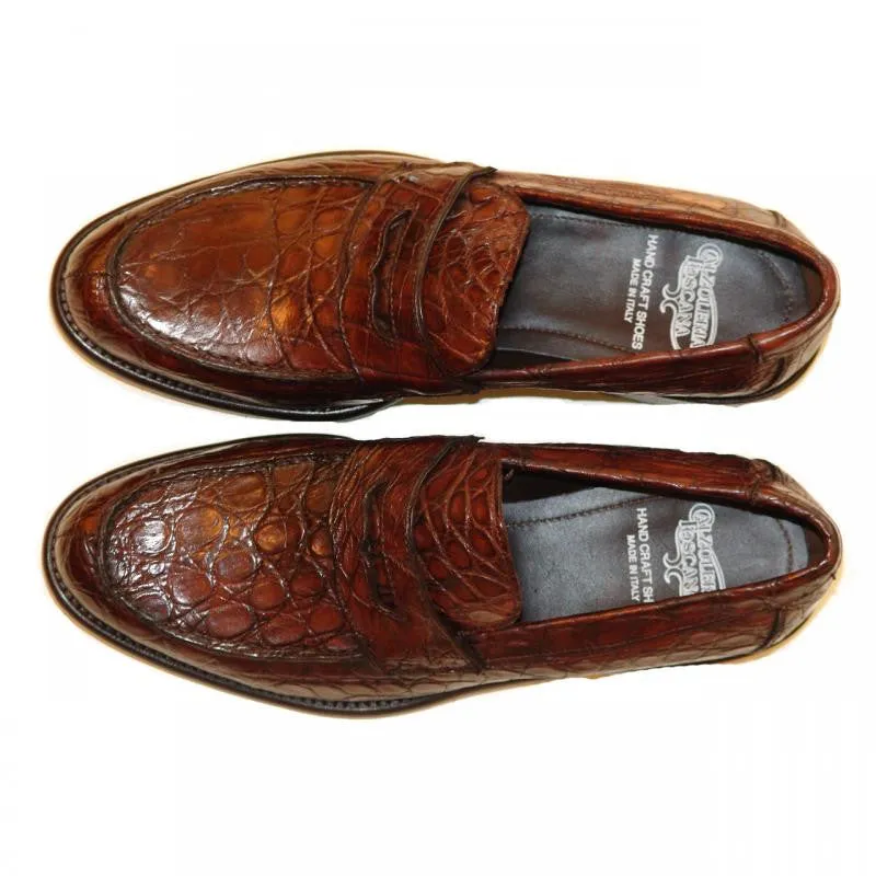 Pelle Line Exclusive 8871 Wood Crocodile Penny Loafer With Lug Sole