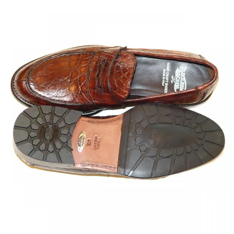 Pelle Line Exclusive 8871 Wood Crocodile Penny Loafer With Lug Sole