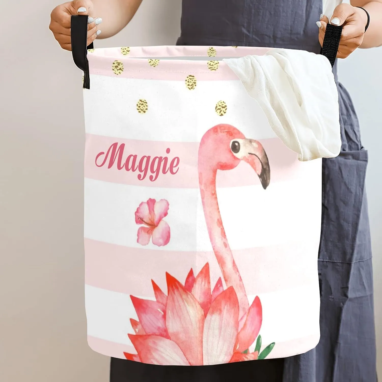 Pink Flamingo Stripe and Dot Personalized Waterproof Foldable Laundry Basket Bag with Handle, Custom Collapsible Clothes Hamper Storage Bin for Toys Laundry Dorm Travel Bathroom
