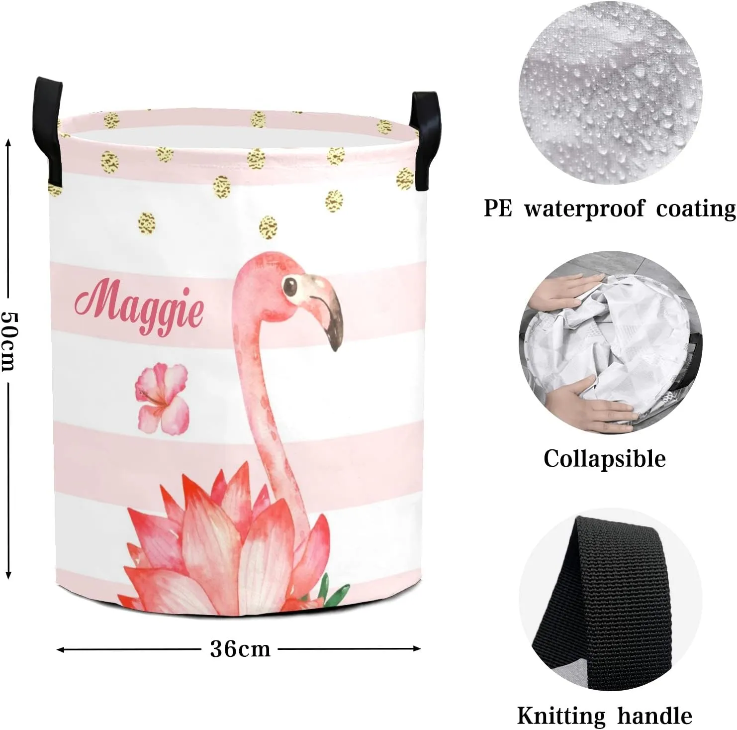 Pink Flamingo Stripe and Dot Personalized Waterproof Foldable Laundry Basket Bag with Handle, Custom Collapsible Clothes Hamper Storage Bin for Toys Laundry Dorm Travel Bathroom